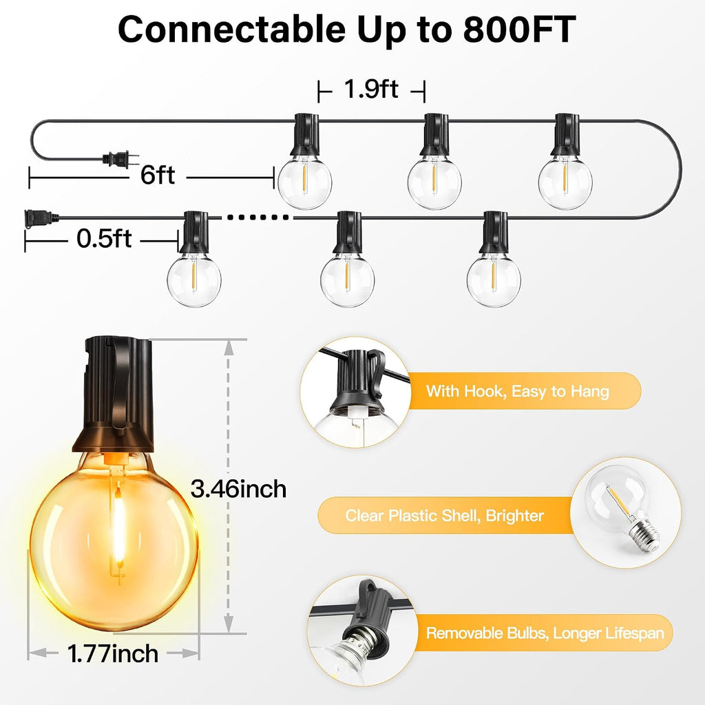 Outdoor String Lights, 100FT G40 Patio Lights with Remote, Balck