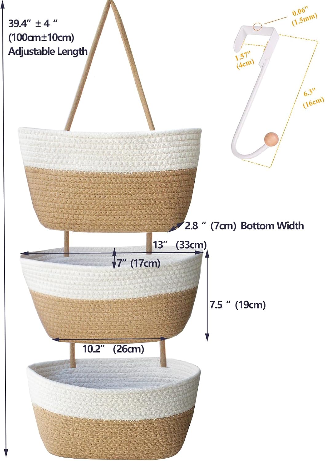 Over the Door Hanging Basket for Organizing 3 Tiers Woven Cotton Rope Wall Mount Storage basket Decorative Kitchen Hanging Organizer Bathroom include 1 door hook Flaxen+White