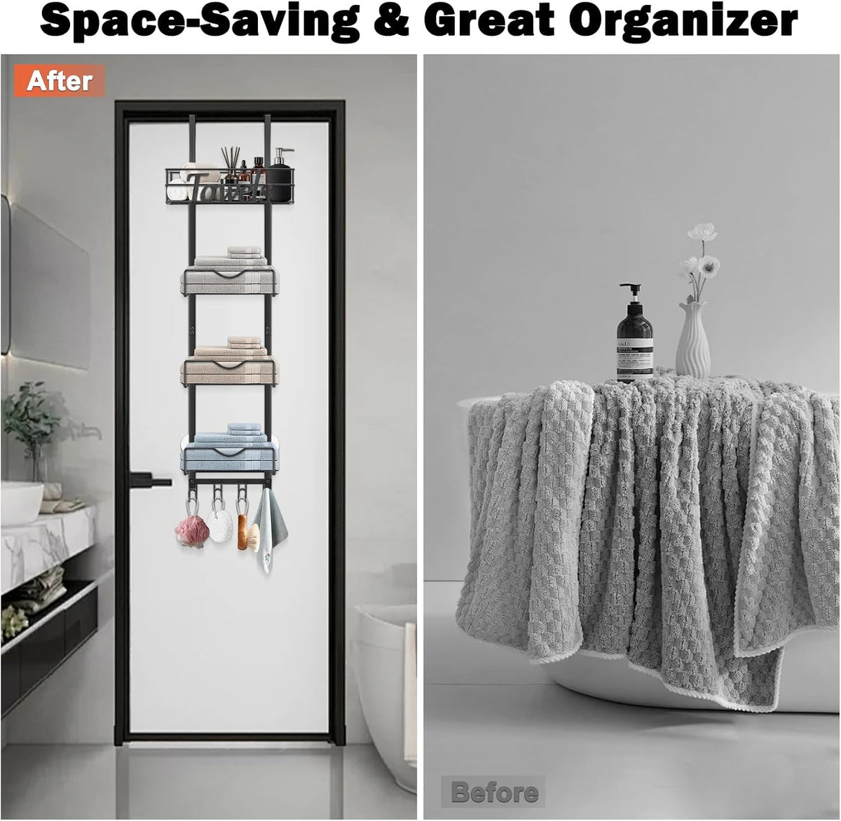 Over The Door Towel Racks, No Drill Towel Storage with Basket & Hooks, Space-Saving Multi-Functional Towel Holder for Bathrooms, bedrooms, Apartments, RVs (Matte Black, 5 Tier)