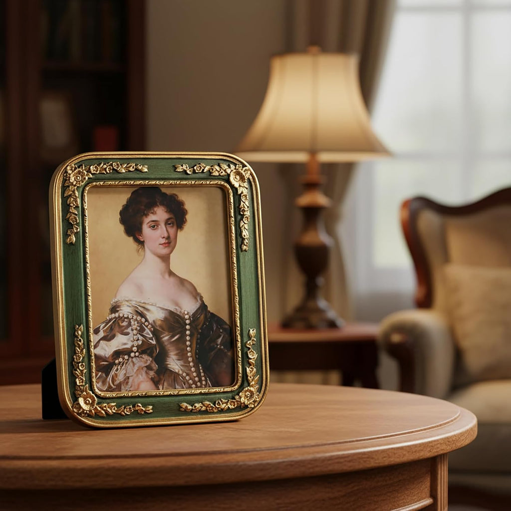 5 x 7 Picture Frame, Ornate Floral Embossed Victorian Style Decorative Photo Frame, Green Gold Vintage Picture Frames 5x7 with Glass Front for Tabletop, Shelf, Mantel or Wall Hanging, Traditional Vintage Home Décor (Green, 5X7)