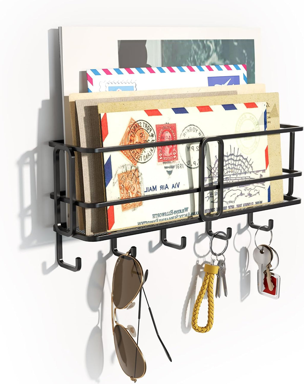 SRIWATANA Key Holder Wall Mount with 5 Hooks, Metal Mail Organizer, Black