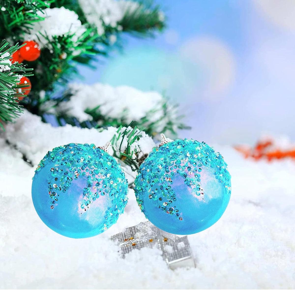 4Pcs Christmas Balls Ornaments -Shatterproof Christmas Ball for Xmas Tree Decorations Hanging,Wedding Party Holiday Decorations Fantasy Blue Glitter Ball 4in x 4 Pack