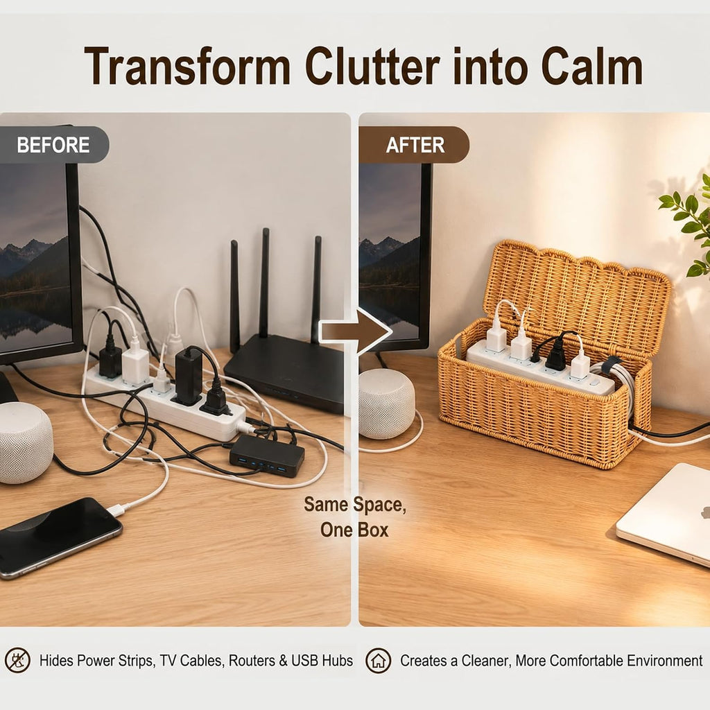 Cable Management Box, Handmade Scalloped Rattan Cable Organizer