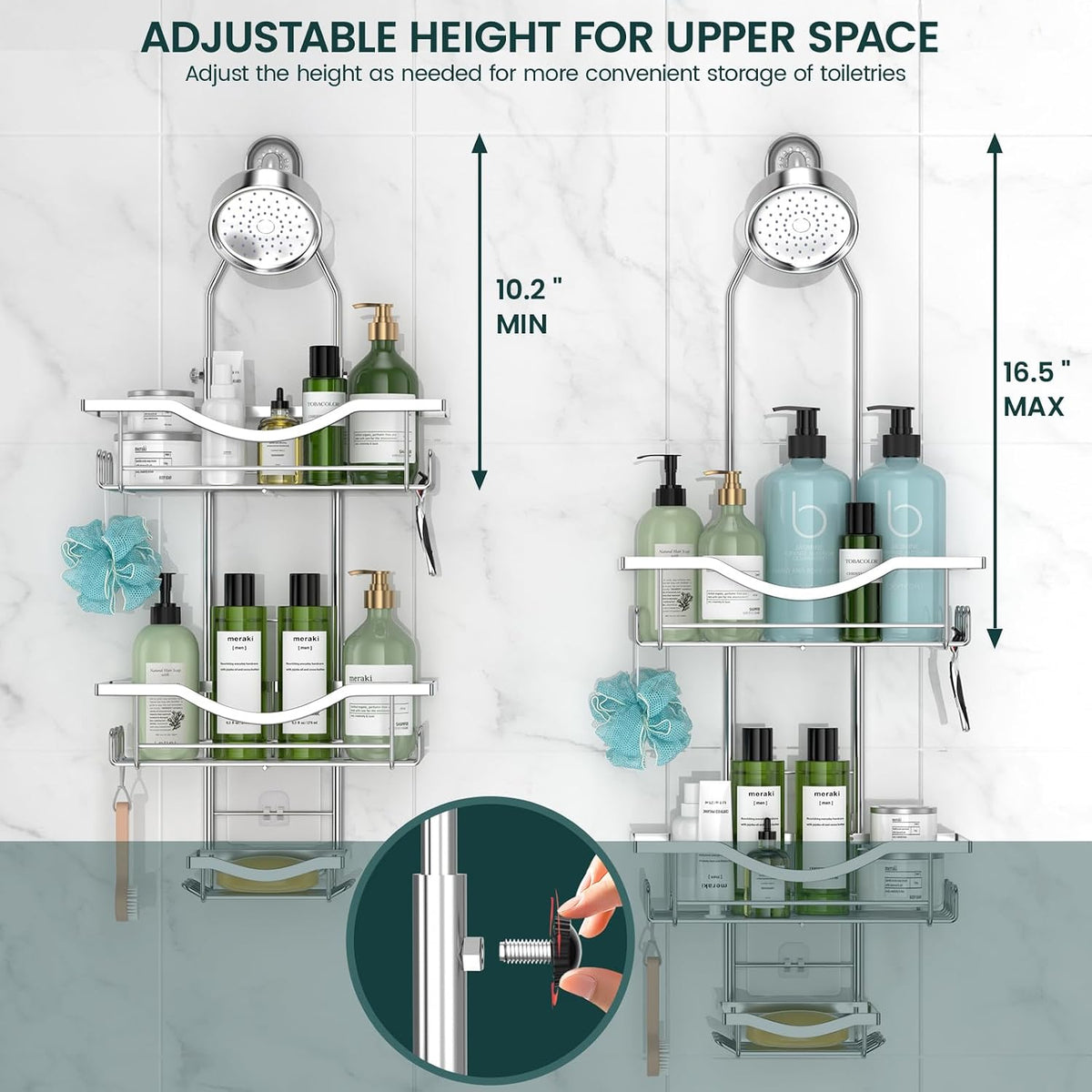 REINHARDT Adjustable Shower Caddy Hanging Over Shower Head, Silver
