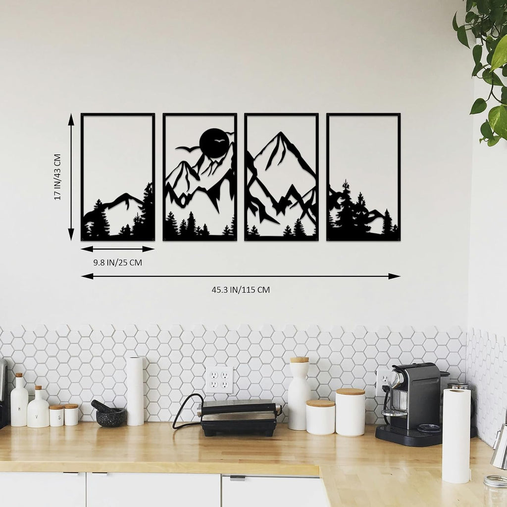 ESTART 4 Pcs Mountain Range Metal Wall Art Decor Summit Metal Wall Sign Rustic Forest Home Decor Sign Mountain Scene Wall Decor Art Hanging for Living Room Bedroom Bathroom Office, 45.3 x 17 Inch