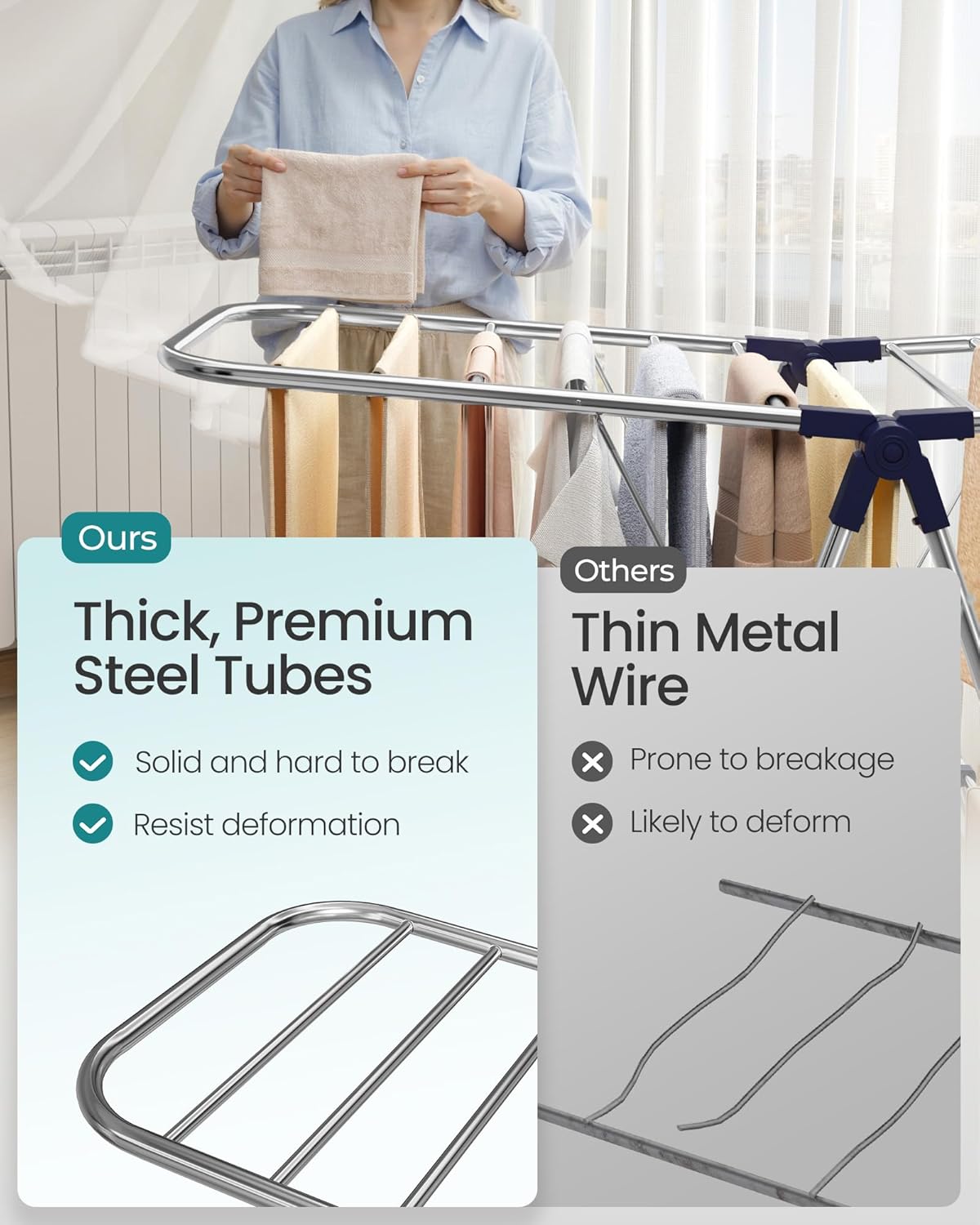 SONGMICS Clothes Drying Rack, Foldable Metal Airer, 17 x 51.2 x 39 Inches
