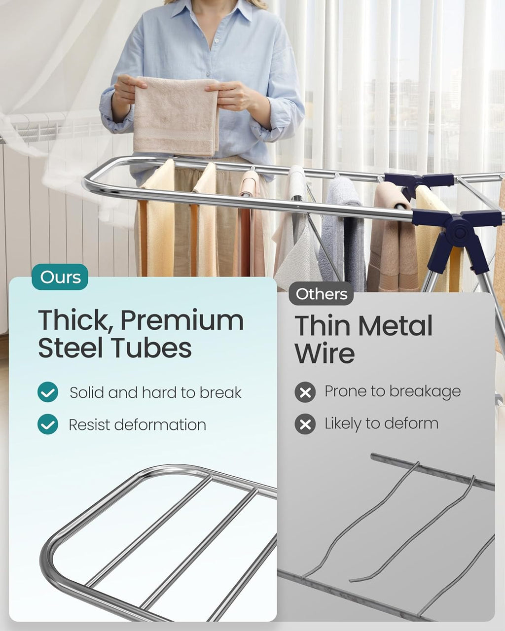 SONGMICS Clothes Drying Rack, Foldable Metal Airer, 51.2 x 19.3 x 61.8 in