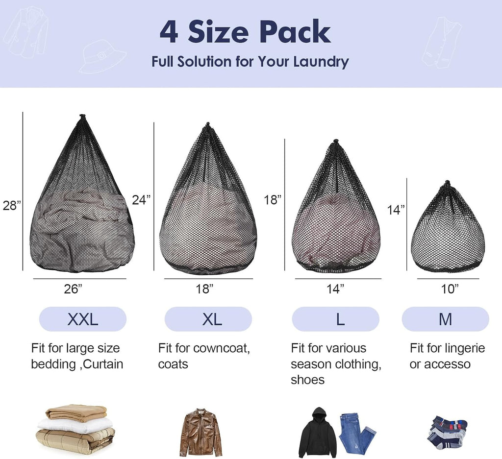 4Pcs Mesh Laundry Bags Washing Machine Mesh Wash Bags Jumbo for Delicates Clothes,Bed Linen,Toys with Drawstring Closure Sturdy (Black, Pack 4 Pcs)