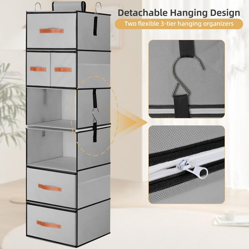 Hanging Closet Organizer 6-Shelf, Upgrade Closet Organizers and Storage with 5 Removable Drawers & 4 Side Pockets, Hanging Shelf Organizer for Bedroom or Garment Rack, 12.6'' x 12.6'' x 44.1'', Gray