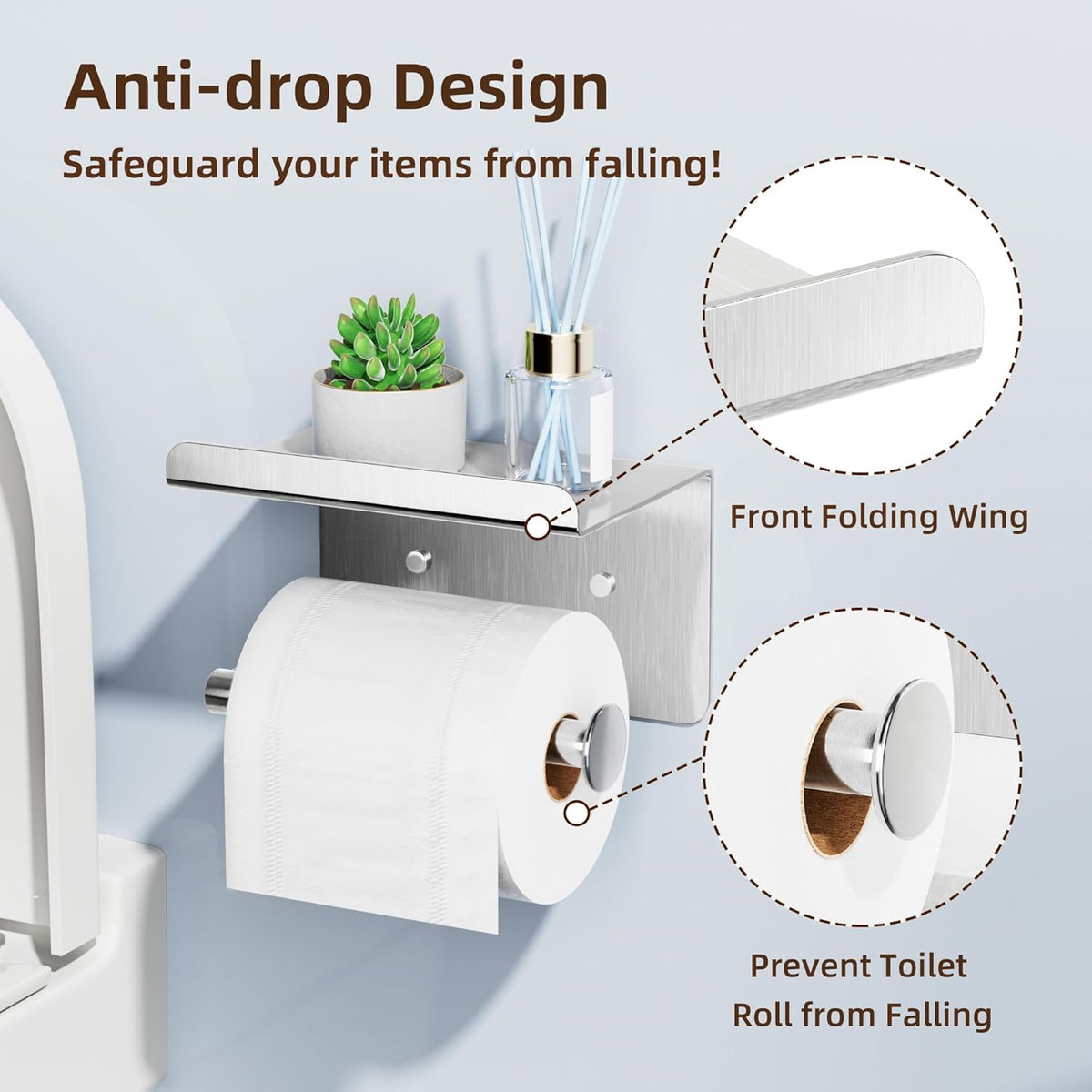 Adhesive Toilet Paper Holder with Shelf, Stainless Steel, Silver