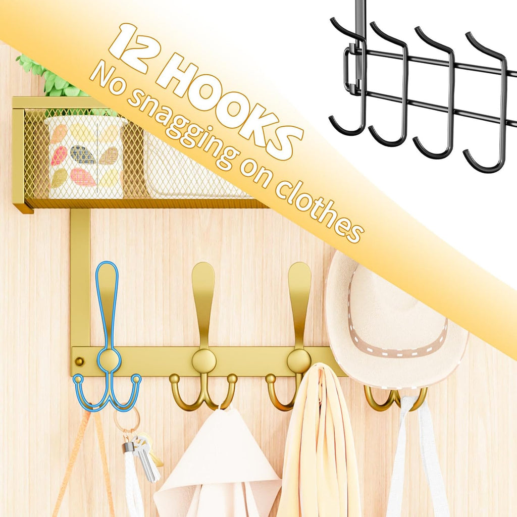 Kaiferty Over The Door Hooks Organizer,Over Door Hanger Towel Rack Mesh Basket with 12 Hooks,Back of Door Storage Organizer for Bedroom,Bathroom,Kitchen,Office(Gold)
