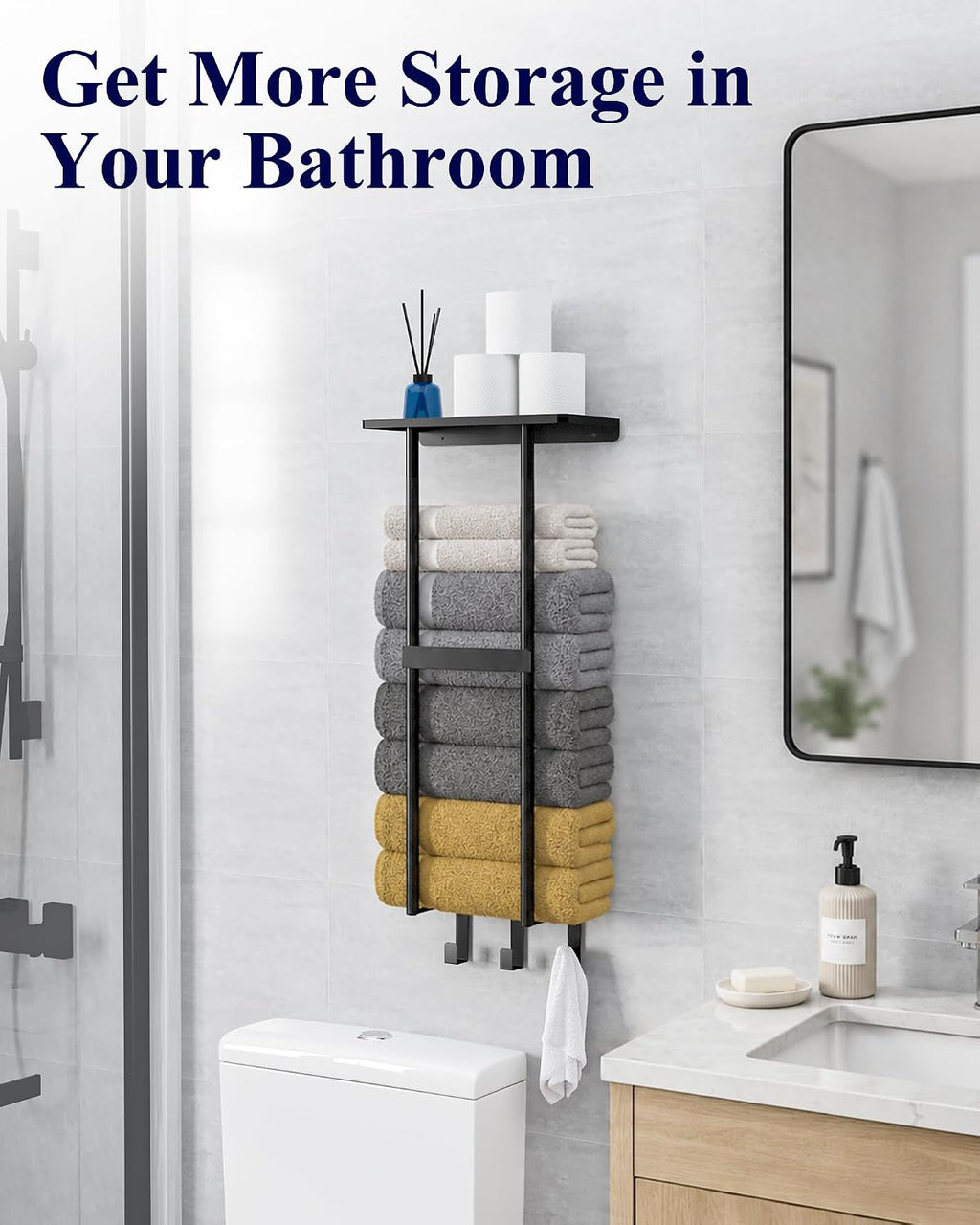 Kitsure Wall Mounted Towel Rack, Metal Towel Holder with Shelf, 29.3" H