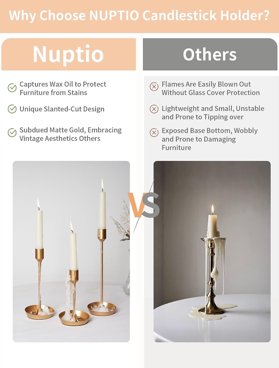 NUPTIO Taper Candle Holders for Centerpiece: Matte Gold Candlestick Holder