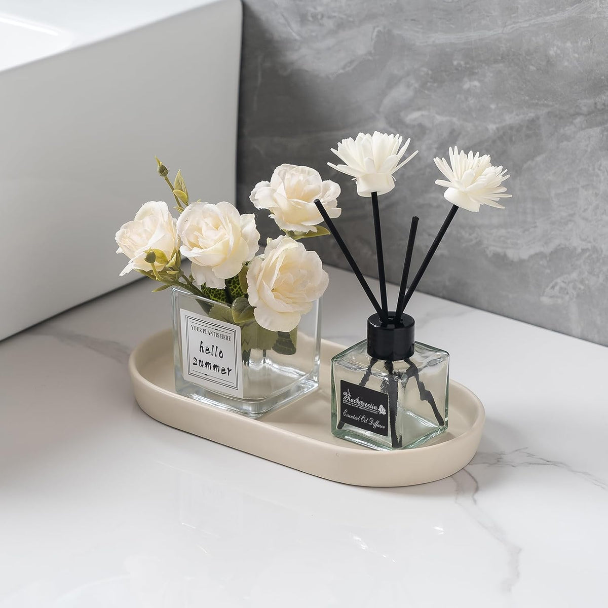 2 Pack Matte Beige Round Soap Dispenser Tray - 8'' Ceramic Vanity Tray & Organizer Plate Set, Bathroom & Kitchen Countertop Decor for Soap Dispenser, Jewelry, Cosmetics, Sink