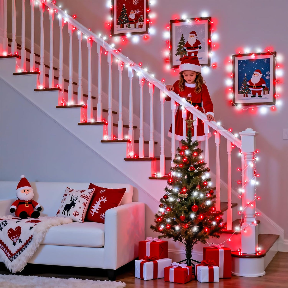 JMEXSUSS 2 Pack 100 LED Red and White Christmas Lights Outdoor, Each 33FT
