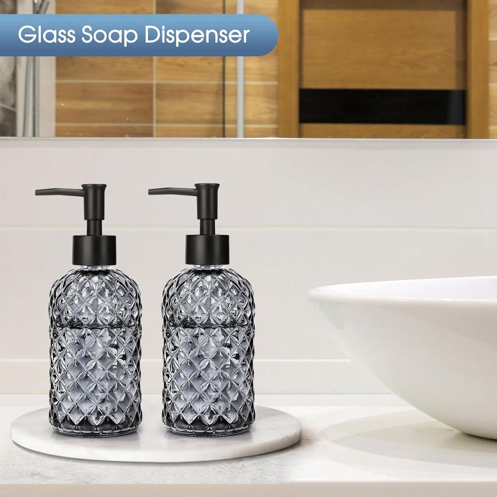2 Pack Gem Glass Soap Dispenser with Black Plastic Pump, 13oz Liquid Hand Soap Dispenser, Rustproof Pump for Kitchen & Bathroom, Great for Lotions, Essential Oil, Liquid Soaps-Gray