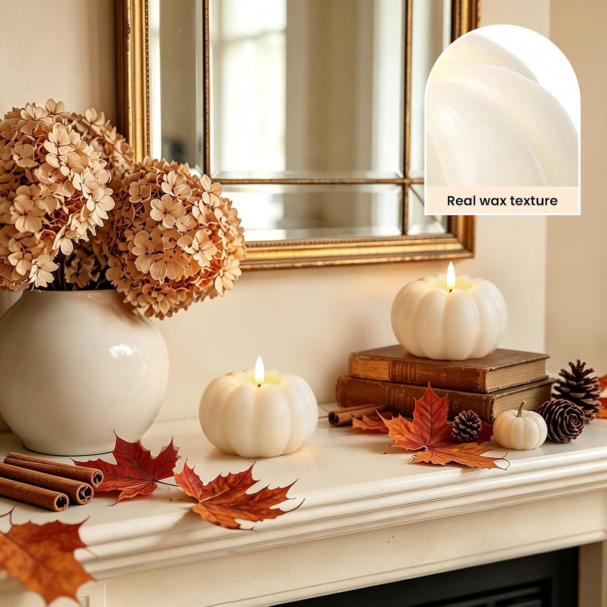 Fall Decor, Fall Decorations for Home, Flameless Pumpkin Candle, White, 1Pc