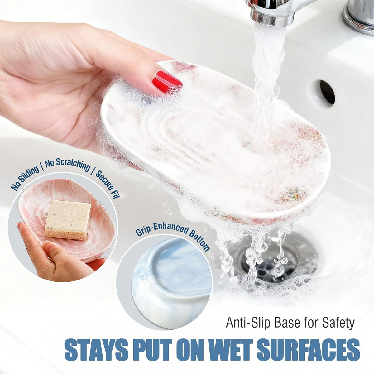 OTHIX Ceramic Soap Dish with Unique Marble Texture, Decorative Bar Soap Holder for Bathroom and Kitchen, Cute Soap Dishes for Bar Soap, Jewelry, Ring (Pink Texture)