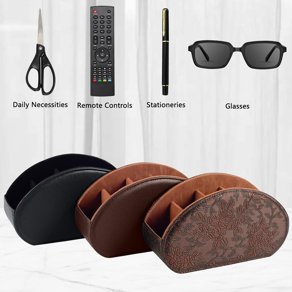 Leather Remote Control Holder TV Remote Caddy Store Box, Bedside Table Organizer for Controller, Media Player, Brush, Glasses, Note Paper and Pen Storage(Retro)