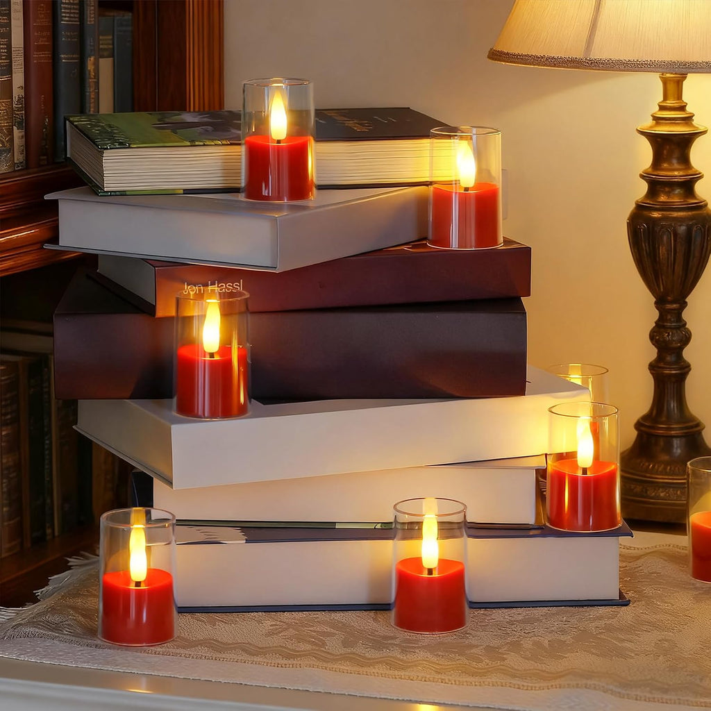 Yeelida 8pcs Battery Operated 1.7" x2.5" Clear Acrylic Remote LED Tea Lights, Flameless 2/4/6/8h Timer Fake Red Bulk Votive Candles with Batteries, Flickering Warm Light Pure Plastic Tealights