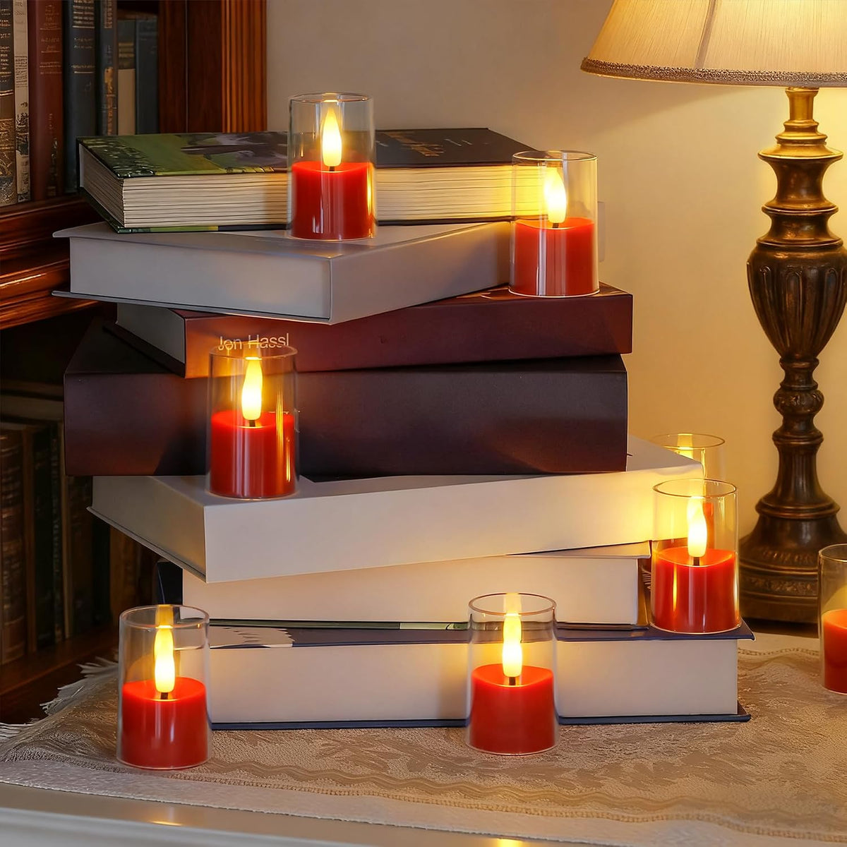 Yeelida 8pcs Battery Operated 1.7" x2.5" Clear Acrylic Remote LED Tea Lights, Flameless 2/4/6/8h Timer Fake Red Bulk Votive Candles with Batteries, Flickering Warm Light Pure Plastic Tealights