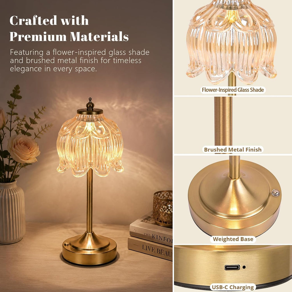 Amber Glass Flower Lamp, Rechargeable Cordless Table Lamp