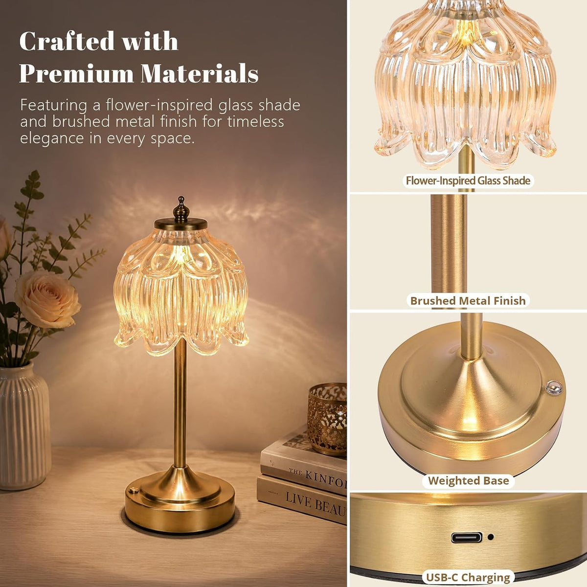 Amber Glass Flower Lamp, Rechargeable Cordless Table Lamp