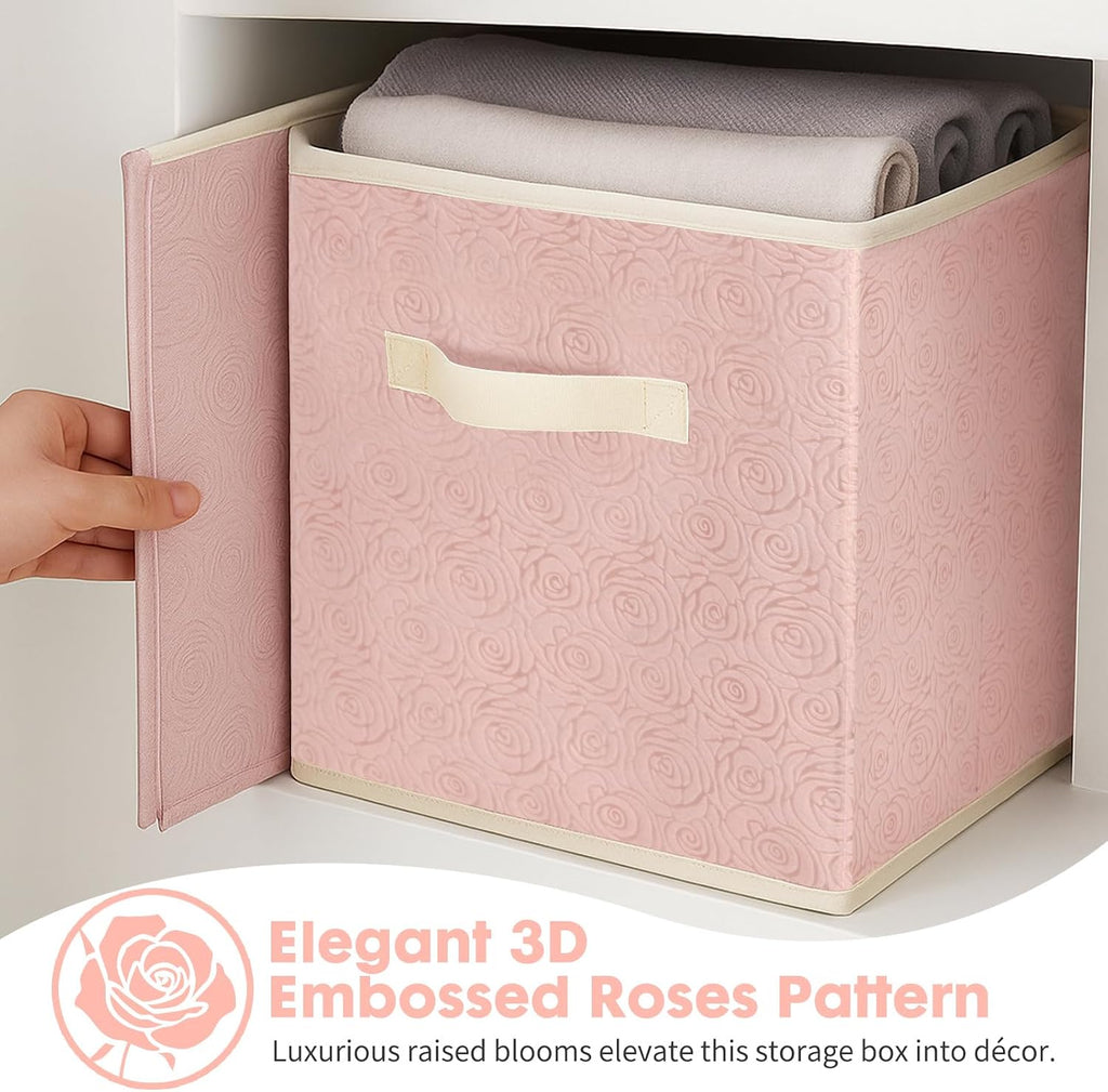 ShellKingdom Storage Bins, Foldable Fabric Storage Cubes with 3D Embossed Rose Pattern, Cloth Organizer Drawer For Closet And Toys, 10.5 X 10.5 X 11 inch, 2 Pack (Light Pink)