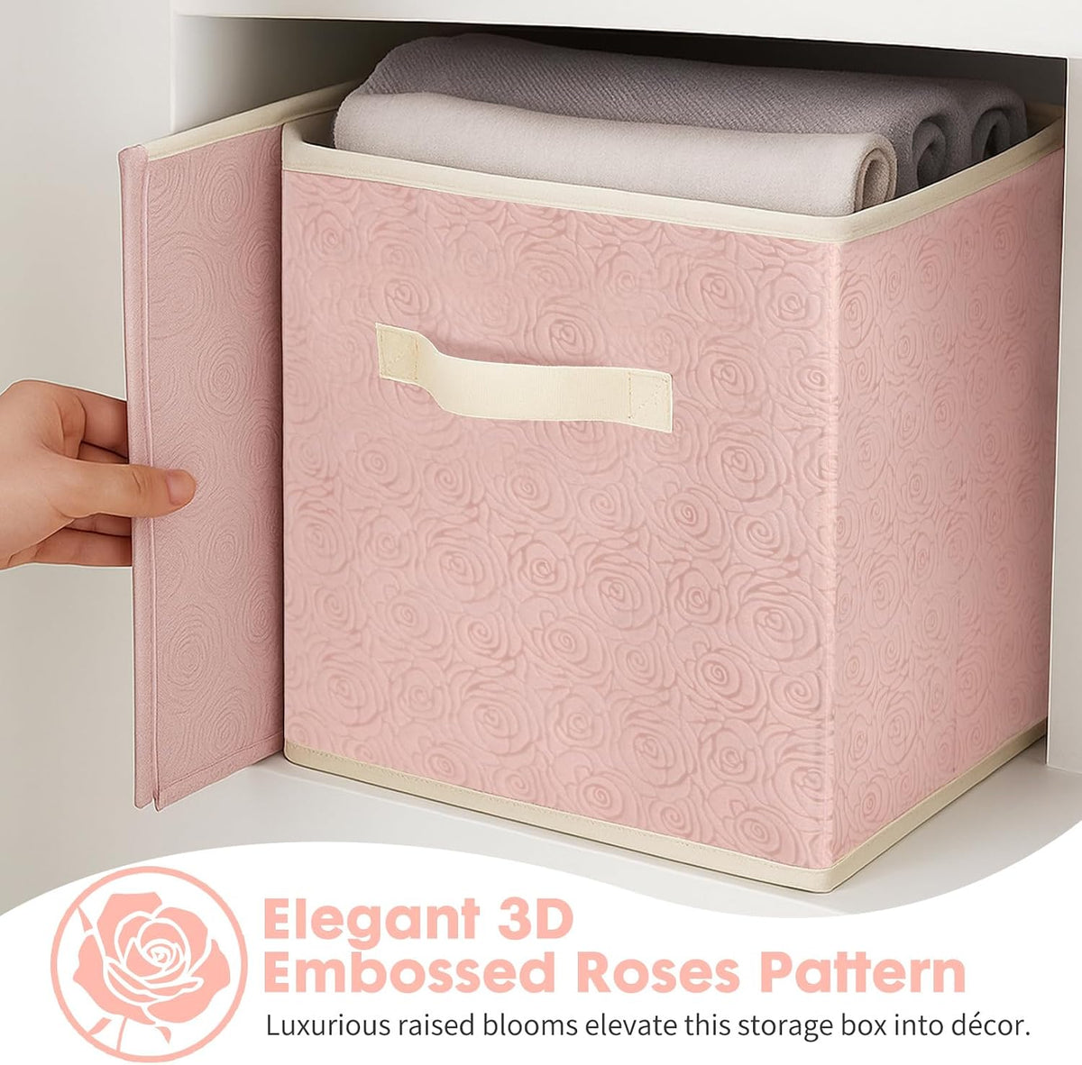 ShellKingdom Storage Bins, Foldable Fabric Storage Cubes with 3D Embossed Rose Pattern, Cloth Organizer Drawer For Closet And Toys, 10.5 X 10.5 X 11 inch, 2 Pack (Light Pink)