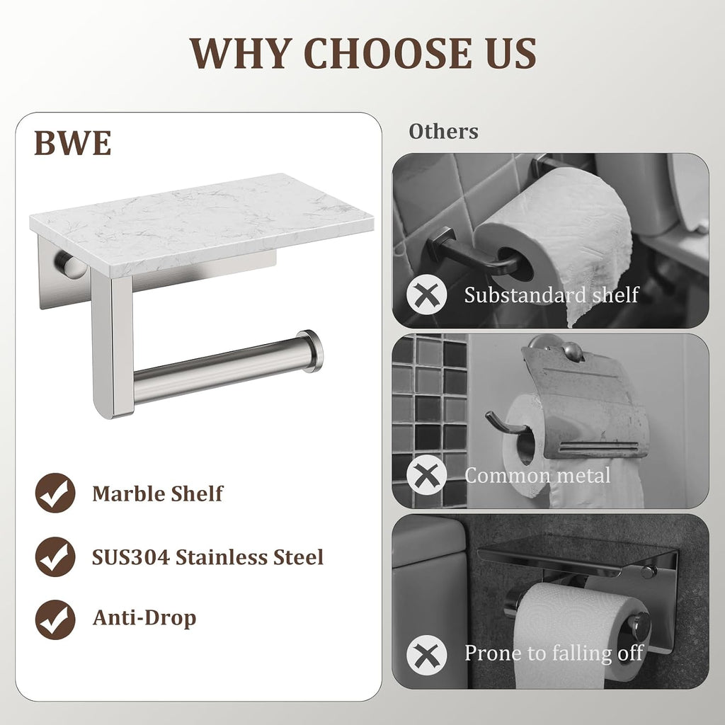 BWE Brushed Nickel Toilet Paper Holder with Marble Shelf Wall Mounted