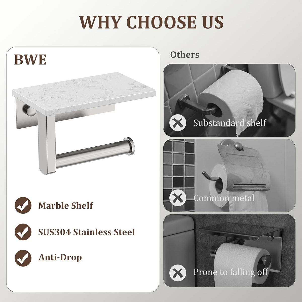 BWE Brushed Nickel Toilet Paper Holder with Marble Shelf Wall Mounted