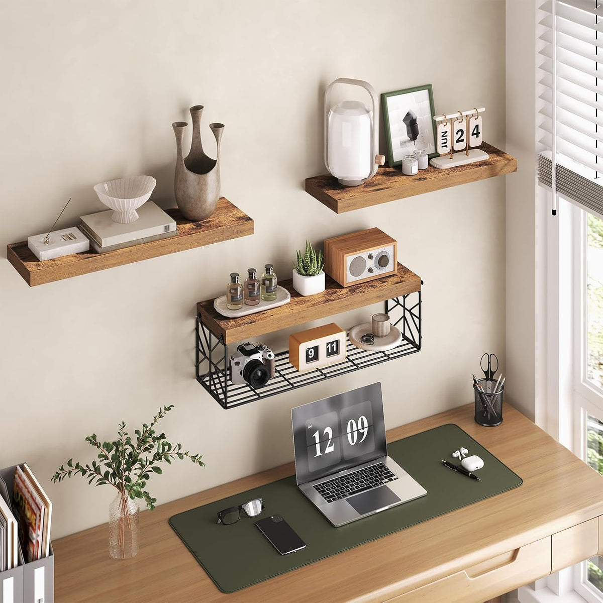 RALGEND Floating Shelves for Wall, 23.6" Wall Mounted Shelves Set of 3, 1.5" Thick Hanging Shelf Storage, Farmhouse Decor for Bathroom, Toilet, Bedroom, Living Room, Kitchen, Rustic Brown 6001BJBF