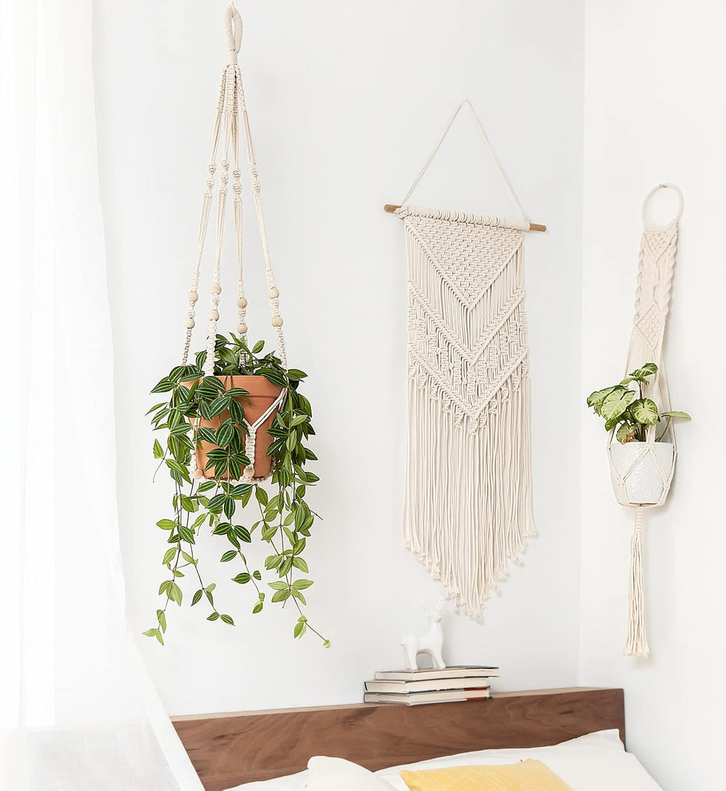 Mkono Macrame Plant Hangers Indoor Hanging Planter Basket and Ceiling Hooks, Decorative Flower Pot Holder No Tassels for Indoor Outdoor Home Decor, Ivory
