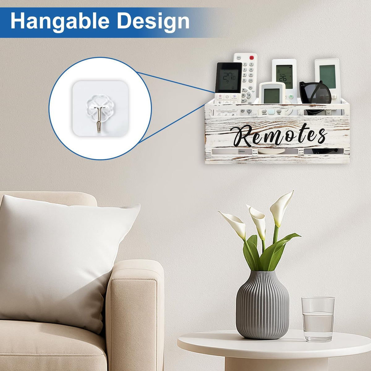 Rustic White Wooden Remote Control Holder for Wall Mount Table TV Organizer