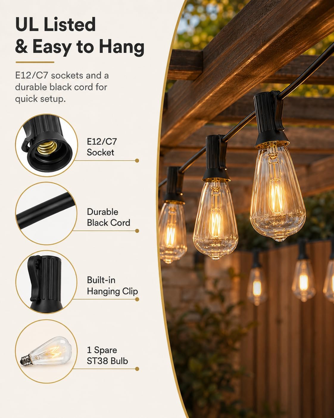 10FT ST38 Outdoor Edison String Lights with11 Clear Vintage Light Bulbs