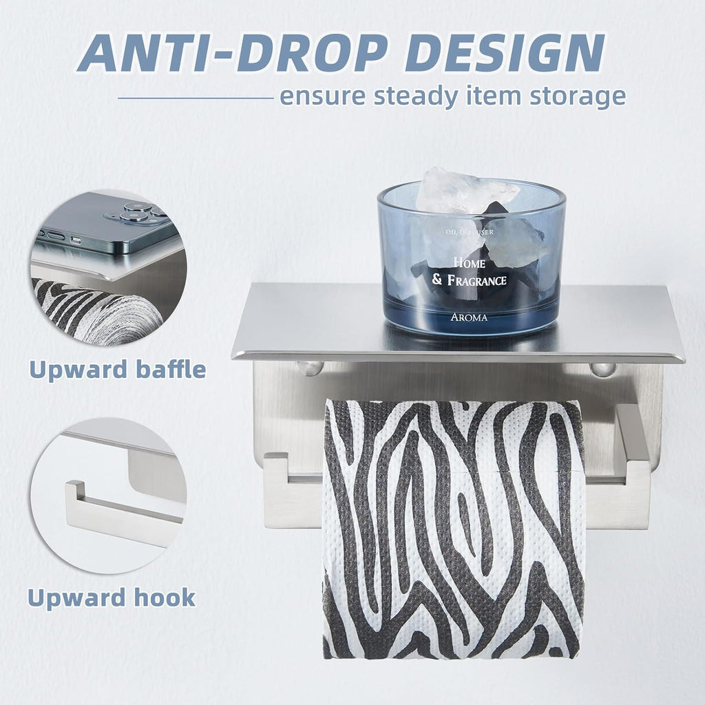 APLusee Toilet Paper Holder with Shelf for Wall, Left Side, Brushed Nickel