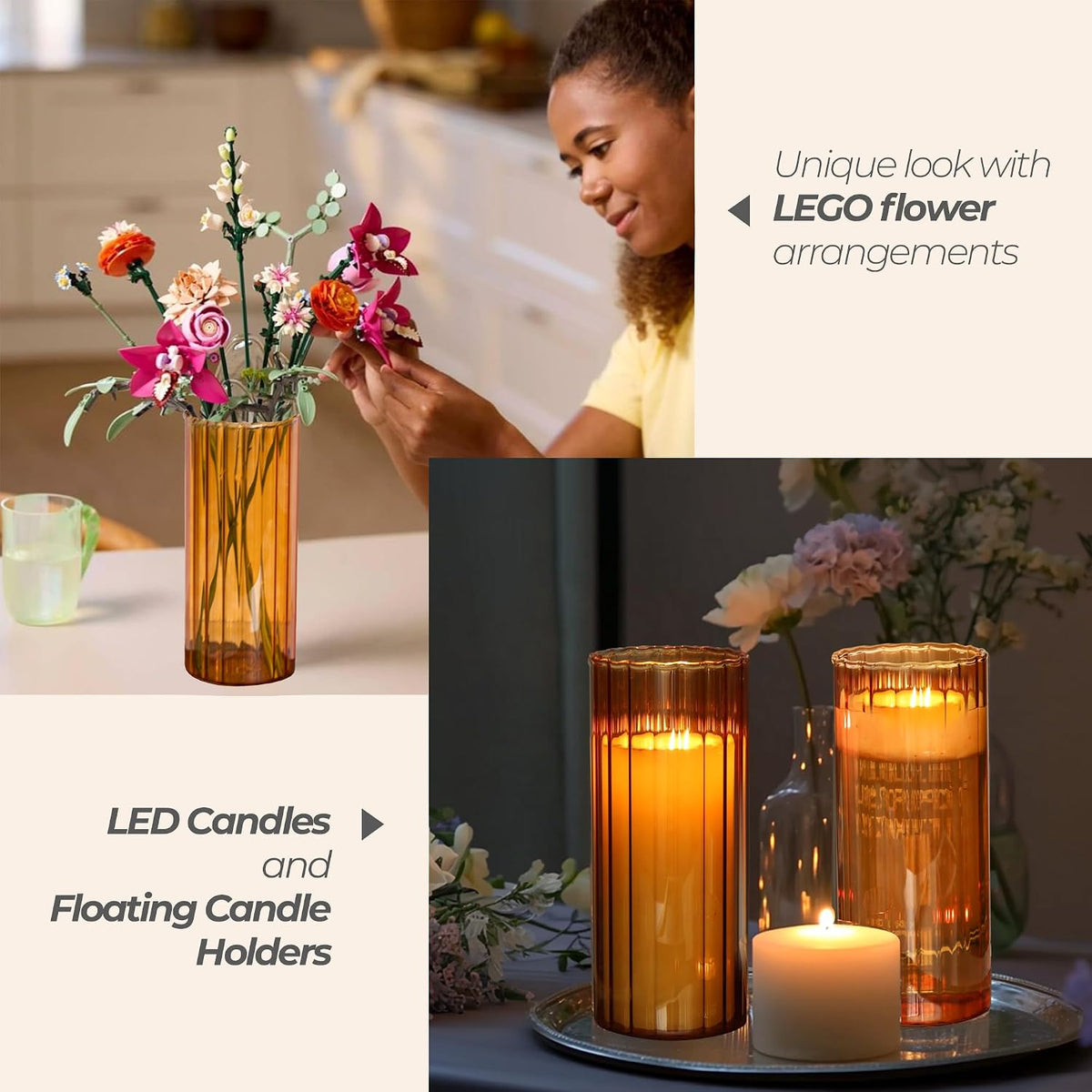 ComSaf Glass Cylinder Vase 8 Inch Tall, Amber Ribbed Decor for Centerpieces