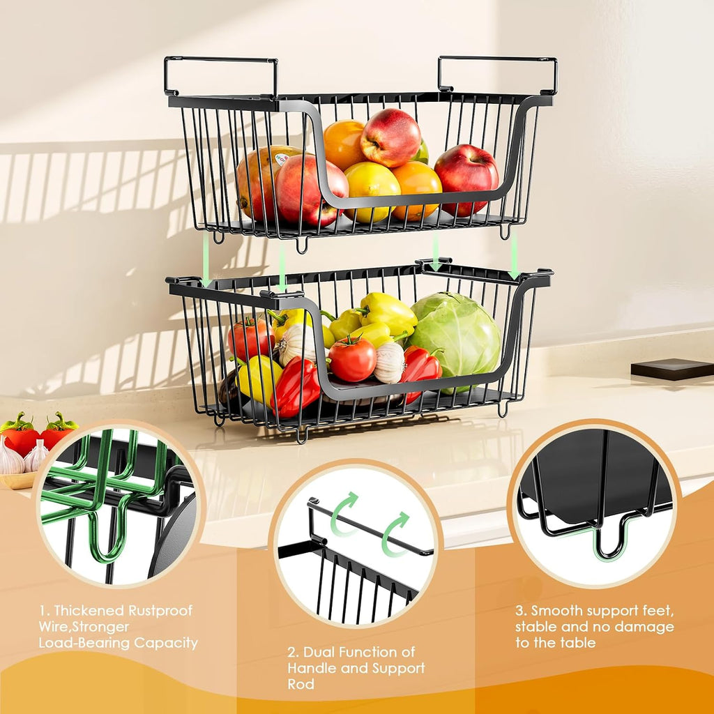 4 Pcs Stackable Wire Baskets for Pantry Organizers and Storage, Black