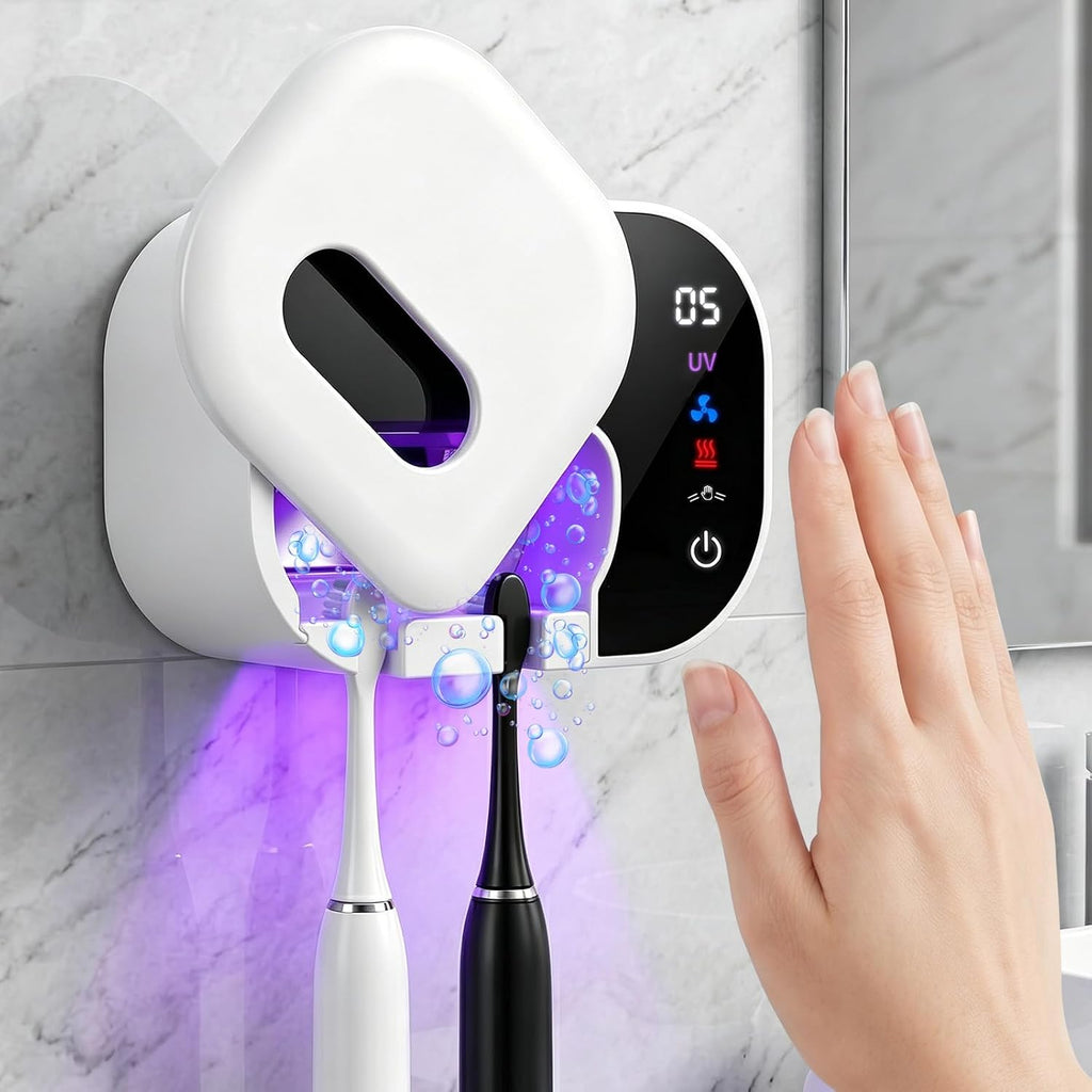 Toothbrush Holder for Bathroom, Infrared Sensing Toothbrush Cleaner with 2 Slots for Most Toothbrush Sizes, Wall Mounted Tooth Brush Holder with LED Smart Display & Hot Air Drying for Travel (White)