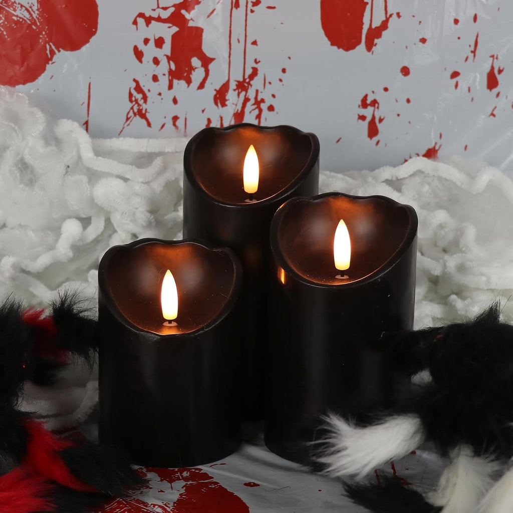 Halloween Black Flameless LED Pillar Candles Flickering with Timer