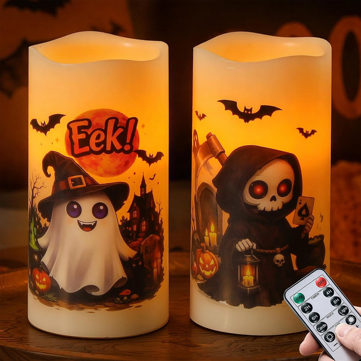 Pack of 2 Real Wax LED Ivory Flickering Flameless Candles with Remote, 2/4/6/8H Timer Long Lasting Battery Operated 3" x6"Pillar Electric Warm Glow Ghostly Skull for Halloween Home Decor