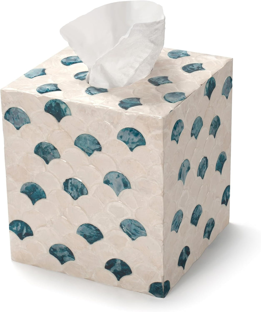 YANGQIHOME Capiz Shells Tissue Box Cover, Handmade Decorative Tissue Box Holder with Mother of Pearl, Square Facial Tissue Holder for Bathroom, Living Room, Kitchen, 5.5" x 5.5" x 5.9" (Blue Tide)
