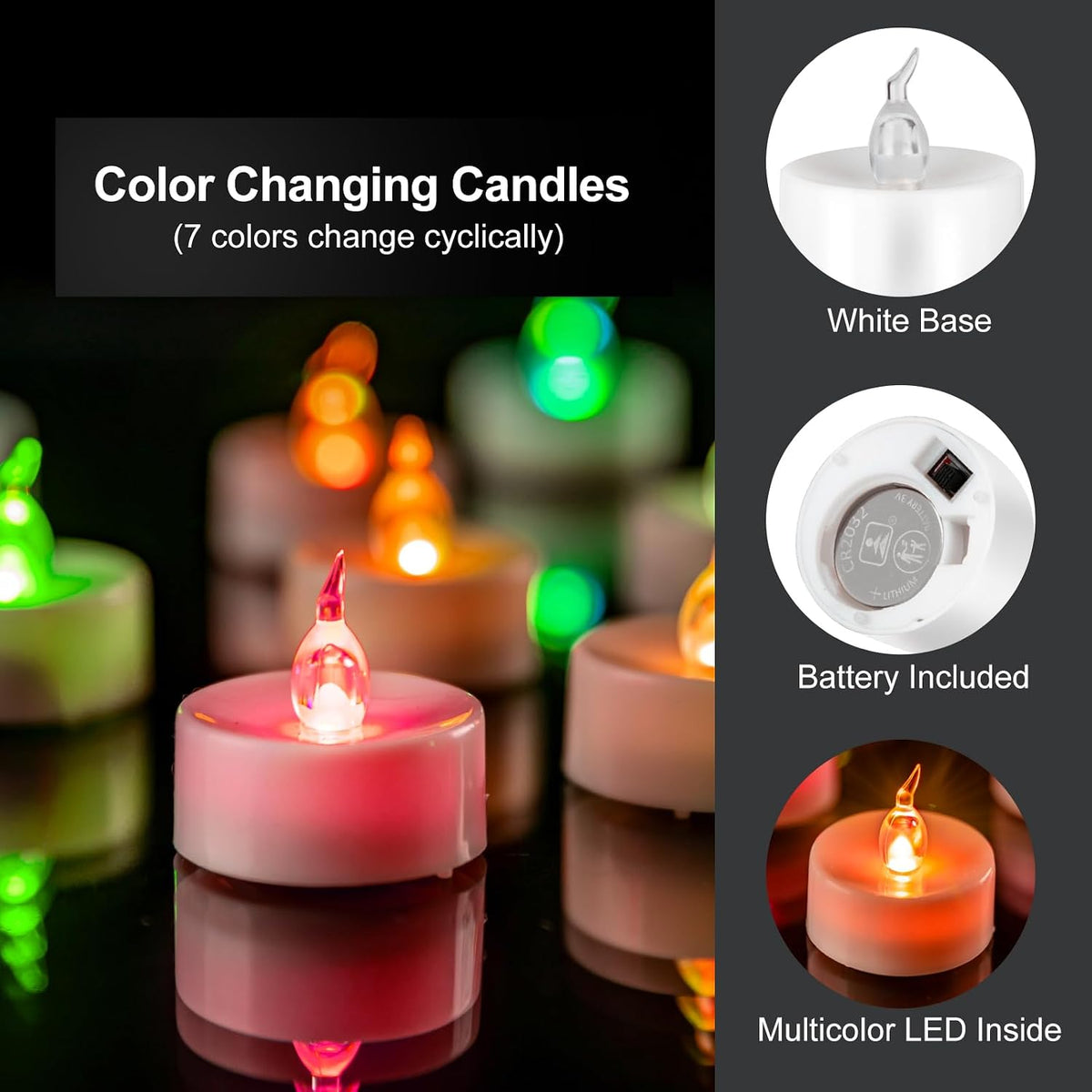 24 Pack Battery Operated Color Changing Tea Lights, White Base