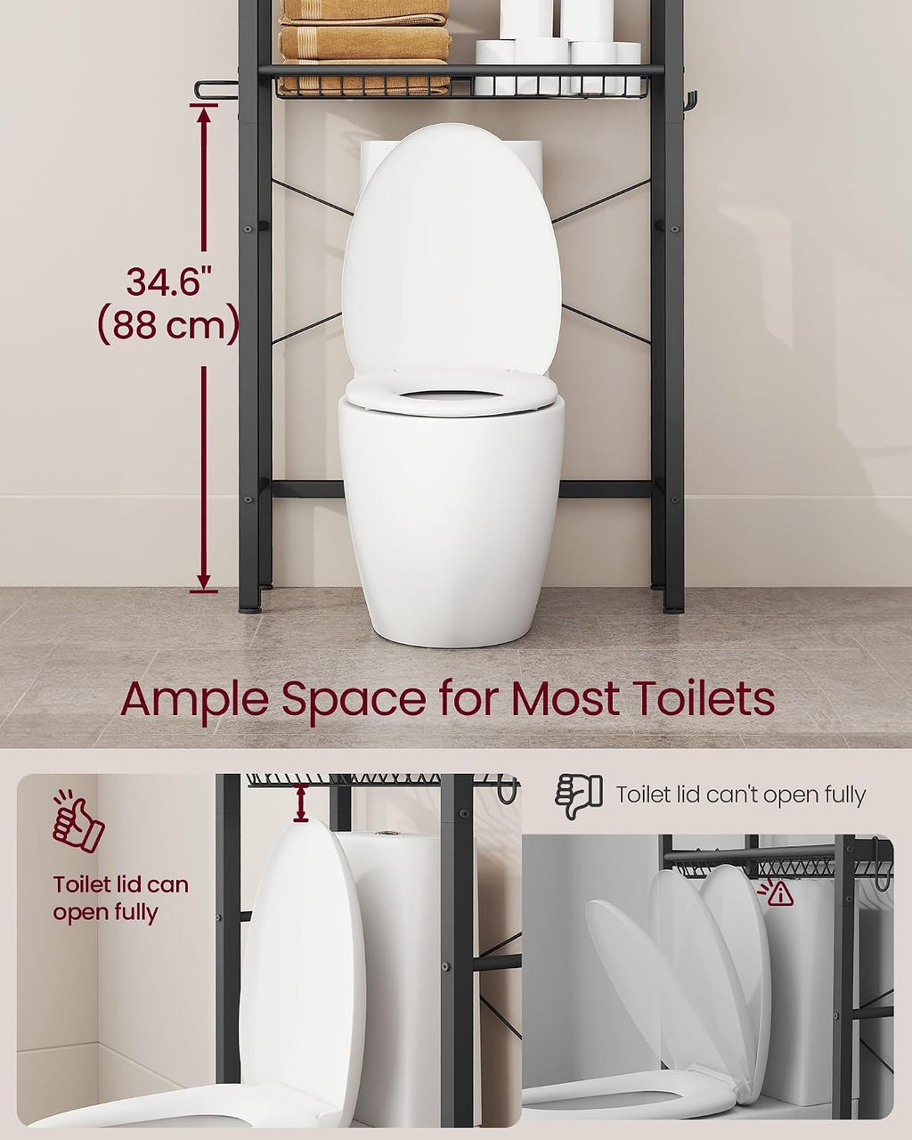 VASAGLE 3-Tier Over the Toilet Storage, Adjustable Shelves, Basket, 63''H