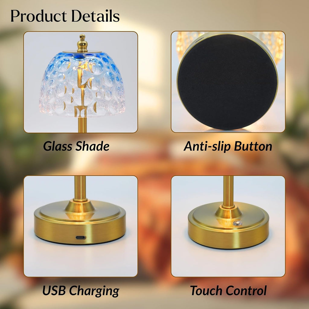 Cordless Rechargeable Table Lamp, Vintage Art Glass Shade, Dimmable, Blue