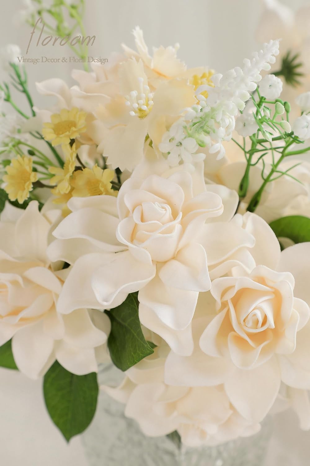 Floroom Artificial Gardenia Flowers 2.7" 25pcs Real Looking Cream Foam Fake Flowers with Stems for DIY Wedding Bouquets Bridal Shower Centerpieces Floral Arrangements Party Tables Home Decorations