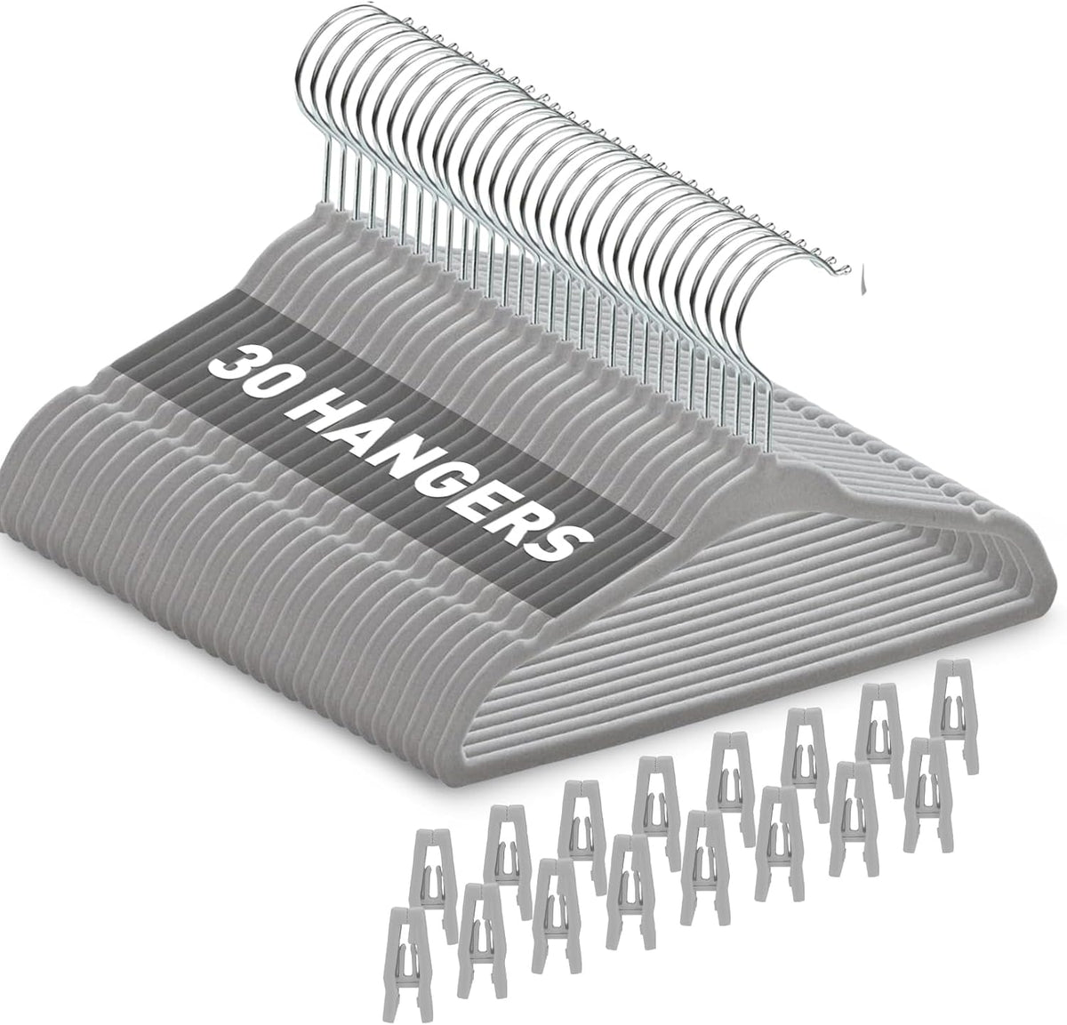 Babyrish Velvet Baby Hangers with Clips (30 Pack) | 11” Ultra-Slim Baby Clothes Hangers | Non-Slip Felt | Space-Saving Nursery & Infant Closet Organizer | Gray