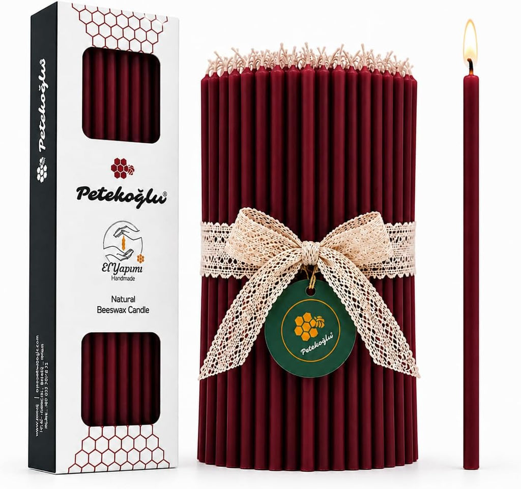 Petekoğlu 100% Natural Beeswax Candles 40 Pack Burgundy Thin Taper Candles 20 cm for Birthday Church Prayer Christmas Decor