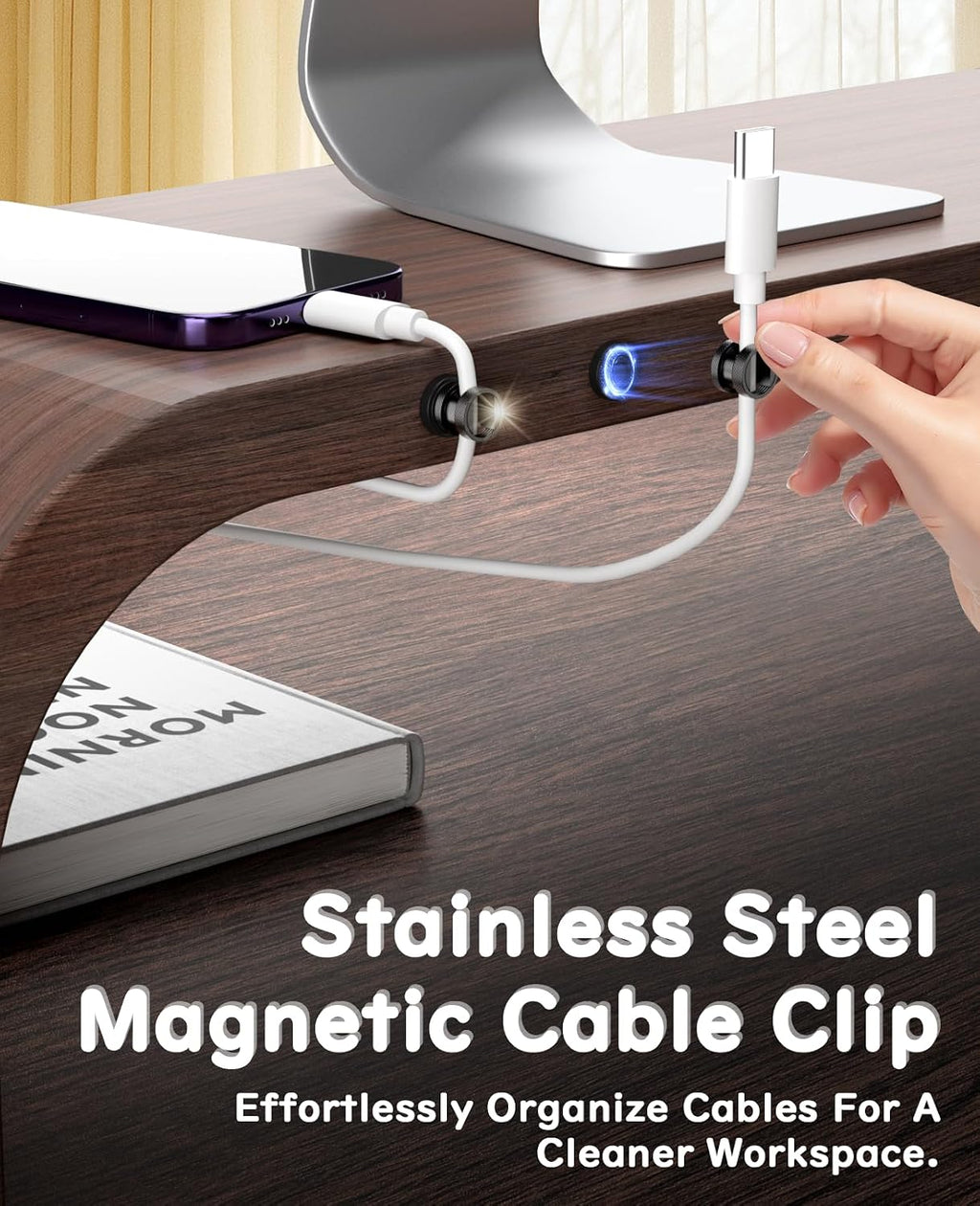 Maveek Magnetic Cable Holders, Cord Anchor for Desk, 4 Pack, Metallic Black