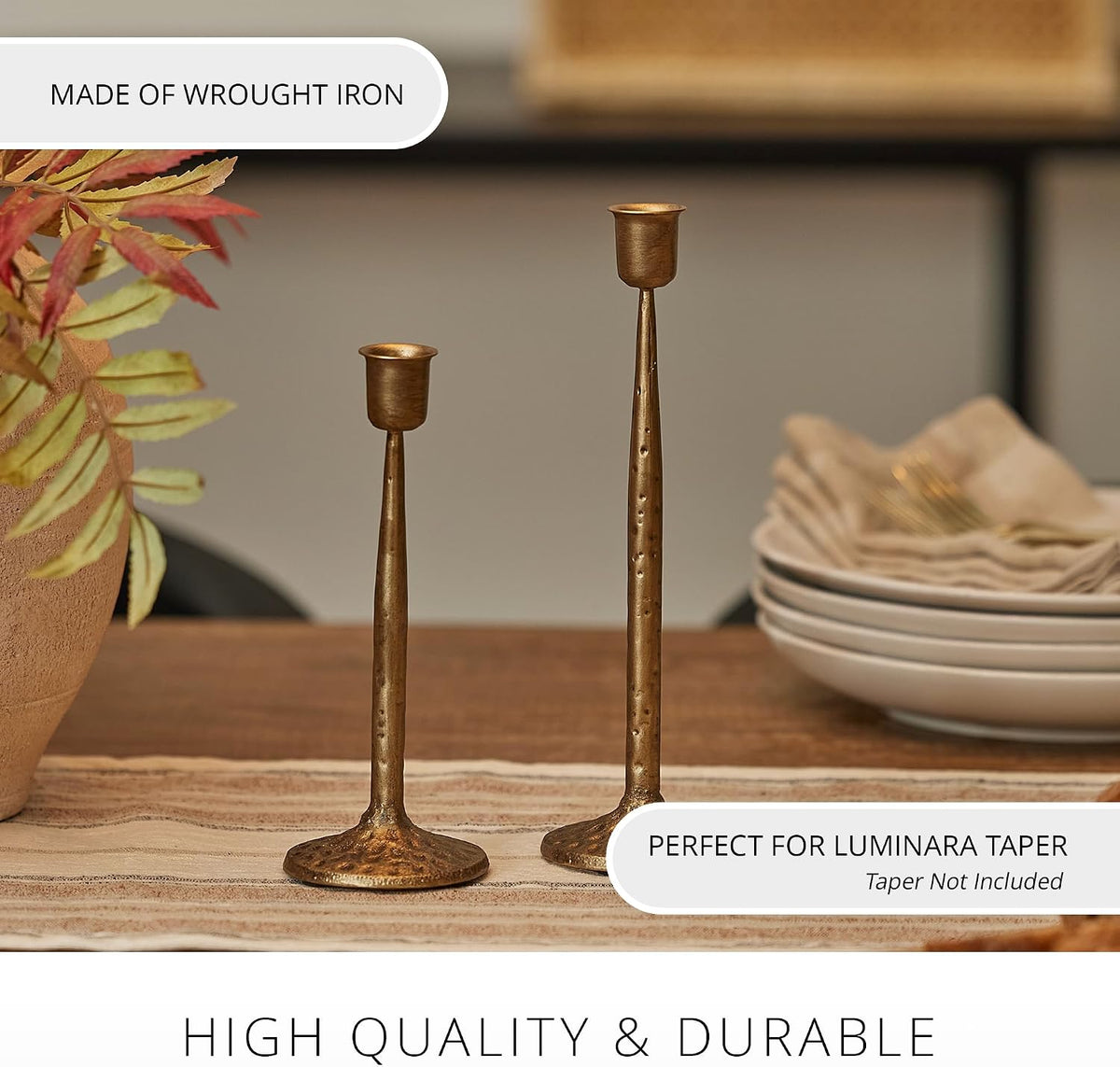 Luminara - Taper Candle Holder Compatible with Luminara Flickering Moving Flame Battery Operated Taper Candles Décor & Gift - Elegant Wrought Iron, Antique Brass (3.1” x 10.25”)